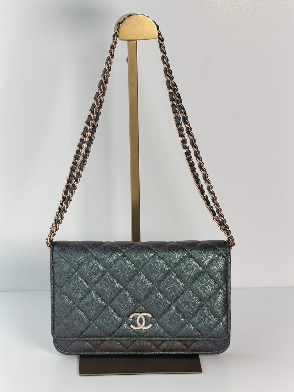 CHANEL Caviar Leather Wallet on Chain / WOC (Iridescent Blue-Green)
